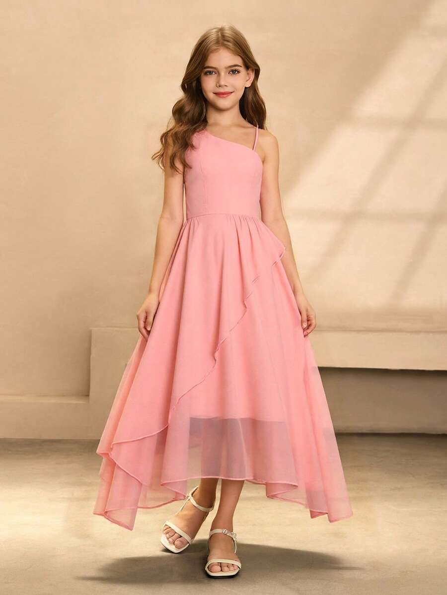 Váy biểu diễn piano trơn màu cổ lệch cho bé gái tuổi teen, chất liệu voan cho dịp trang trọng và trang phục trở lại trường - Hồng - Xem 1
