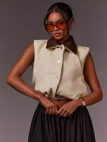 Athîral 秋季女士夹克、棕色夹克、运动夹克、宽松上衣、休闲背心、PU夹克、短款夹克、冬季女士外套 - 彩色 - 查看 4