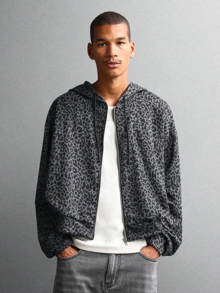 사이드 포켓이 있는 레오파드 프린트 풀 지퍼 후드 티셔츠