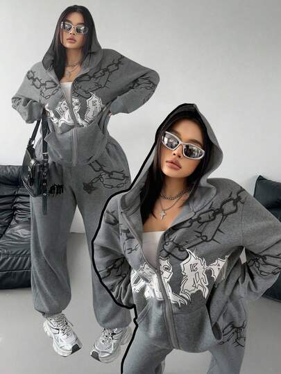 Vibekara Casual Sports Style Printed Hoodie And Sweatpants Set, Plus Size Knit Suit For Autumn/Winter