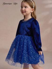 Glamorique Kids Robe pour jeunes filles, robe de mariage, robe en velours, vêtements de Noël, robe d'anniversaire, robes d'hiver - bleu indigo - Voir 5