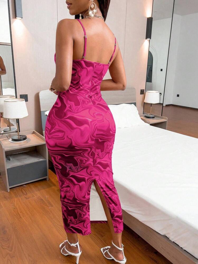 SHEIN Clasi Ladies' Pink Spaghetti Strap Sleeveless Dress (Random Print) Maxi Women Outfit - Pink - View 2