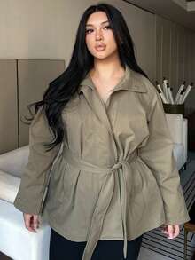 Dazy Plus Plus Size Women Stand Collar Long Sleeve Tie Waist Casual Trench Coat, Spring/Autumn Jacket