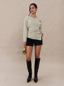 Modelyn Women's Round Neck Long Sleeve Ruched Asymmetric Hem Fashion T-Shirt - Apricot - View 4