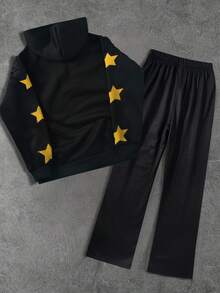 SHEIN 2件組青少年男孩塗鴉卡通圖案連帽衛衣與喇叭褲，黑色秋季街頭風套裝，青少年男孩返校運動休閒服 Y2K - 黑色 - 查看 2