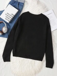 SHEIN 少女宽松圆领缀饰针织毛衣，秋冬休闲百搭百搭上衣