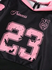 2pcs/Set Girls Vintage School Style Outfit,Light Pink Letter & Bow Print Knit Sweatshirt & Pleated Skirt,Autumn Back-To-School Career Day Sport Set - Black - View 7