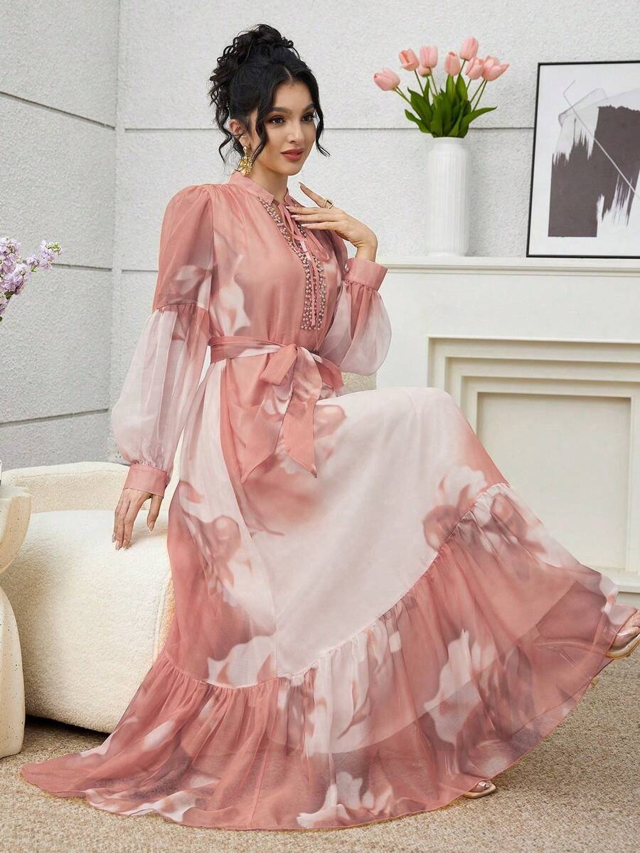 SHEIN Najma Elegant Romantic Floral Collar, Floral Lace Patchwork Hem With Wide Ruffle Trim, Women Loose Fashionable Young Romantic Vacation Style Dress Luxury Dress For Women Pink Chiffon Dress - Multicolor - View 1