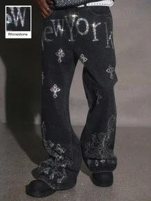 PAVTROS Manfinity Streetrush Men's Fashion Cross & Letter Rhinestone Embellished Jeans Halloween All Saints' Day Diamond Jeans Y2K Rhinestone Black Loose Wide Leg Disco Party For Thrashed Denim
