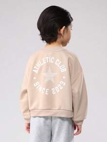 SUMWON Club Boys Crewneck Sweatshirt With Star Logo Print Classic Fall Varsity Pullover School Casual Ribbed Cuffs Teenager Children Streetwear Tween - Khaki - View 1