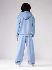 SUMWON Tween Boys Two Piece Set Powder Blue Winter Pullover Hoodie Wide Leg Jogger Pants Sweatsuit Wear Matching Set Casual Everyday Wear - Baby Blue - View 2