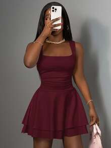 Slaydiva 2026春夏新款休闲度假浪漫基础款街头日常性感优雅通勤派对夜店俱乐部纯白无袖层叠迷你连衣裙，女士大码连衣裙 - 酒紅色 - 查看 5