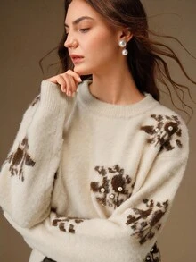 Anewsta 女士复古铆钉珍珠提花花卉针织毛衣、外套 - 奶油色 - 查看 3