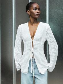 Lumivelle Women's Autumn V-Neck Jacquard Fabric Bow Tie Blouse