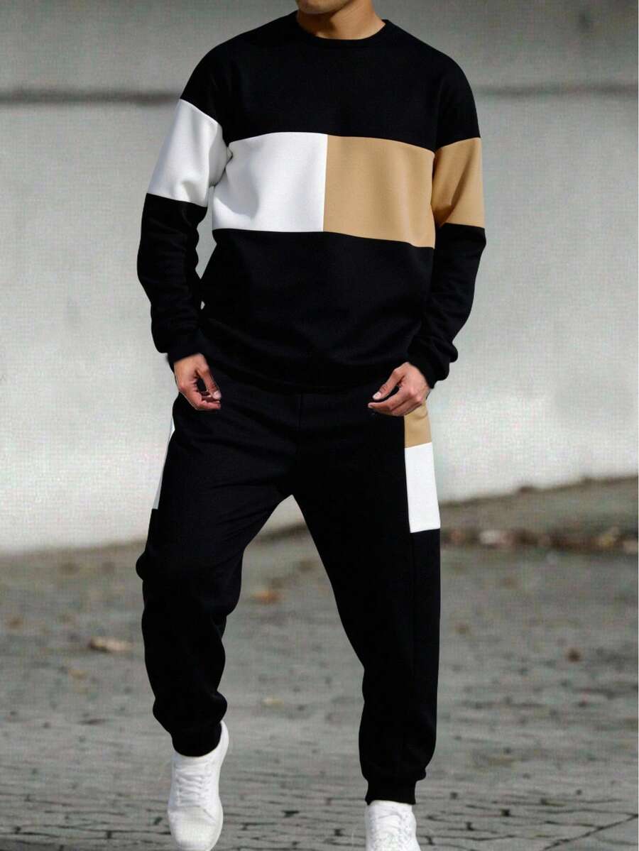 SHEIN Conjunto de sudadera y pantalones de chándal para niños preadolescentes, en estilo de combinación de colores, casual, cómodo, de moda, simple, práctico y versátil, de tela suave, adecuado para uso diario, la escuela, viajes y deportes al aire libre, para todas las estaciones - Multicolor - Ver 1