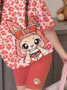 SHEIN Tween Girls' Casual Minimalist Pink Leopard Print & Cute Cartoon Pattern Short Sleeve T-Shirt And Shorts 2 Pieces Set, Suitable For Summer - Multicolor - View 6