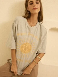 Aralina Crew Neck Oversized Regular Length Graphic Tee - Grey - View 8