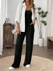 Easowa 3pcs/Set Women Autumn Black & White Maillard Suit: Blouse, Blazer And Wide-Leg Pants, 2024 New Fashion Travel Outfit Airport