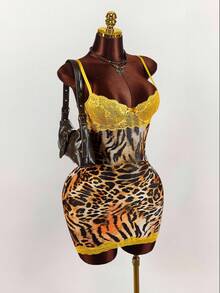 Y2K Amplova Leopard Print Party Yellow Lace Cup Detail Tropical Floral Mesh Bodycon Mini Dress Cheetah Print Outfits Cheetah Print Two Piece Animal Print Set - Multicolor - View 5