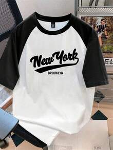 Manfinity Joysei 男士加大码时尚休闲纽约手写字母印花撞色插肩袖T恤，适合约会、聚会等场合，必备单品，适合情侣、家庭亲子装，送给男友/老公的绝佳礼物，纽约棒球衫 - 黑與白 - 查看 6