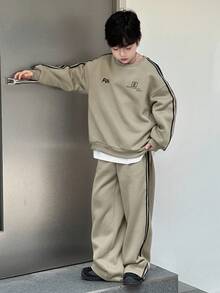 DAZY 2 件套青少年男孩保暖内衬宽松休闲运动衫和裤子运动套装，秋季宽松字母印花运动服 - 綠色 - 查看 6