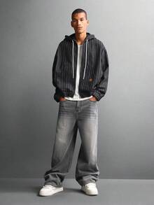 SUMWON Áo khoác denim kẻ sọc cotton có mũ trùm đầu có khóa kéo phong cách đường phố hiện đại, lấy cảm hứng từ phong cách cổ điển, áo khoác ngoài thường ngày, thời trang thu đông - màu đen - Xem 6