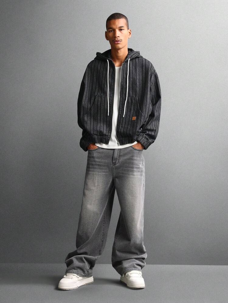 Striped Denim Zip Up Hoodie Jacket With Drawstrings