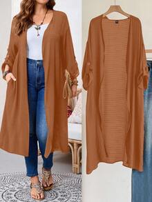 EMERY ROSE Plus Size Women Casual Loose Solid Color Jacket, Versatile For Daily Wear Winter Fall Autumn - Khaki - View 1