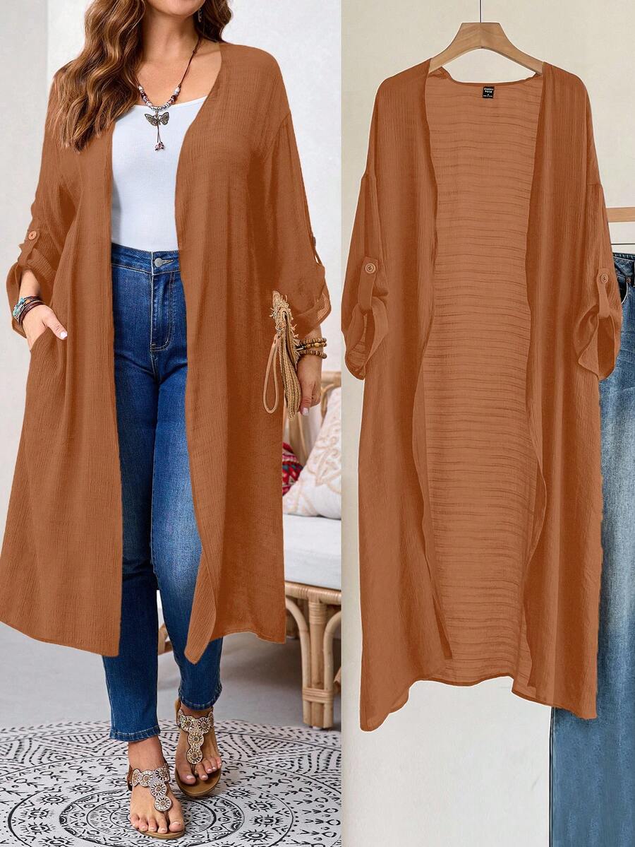EMERY ROSE Plus Size Women Casual Loose Solid Color Jacket, Versatile For Daily Wear Winter Fall Autumn - Khaki - View 1