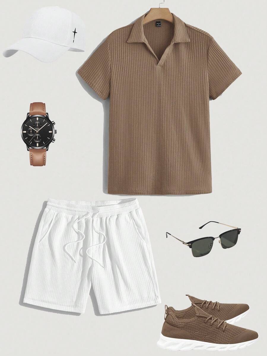 Manfinity Homme Conjunto casual de verano de 2 piezas: camiseta de polo de manga corta y pantalones cortos para hombre - Caqui - Ver 1