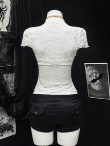 SHEIN PETITE 女士性感系带V领短款上衣，夏季 - 白色 - 查看 2