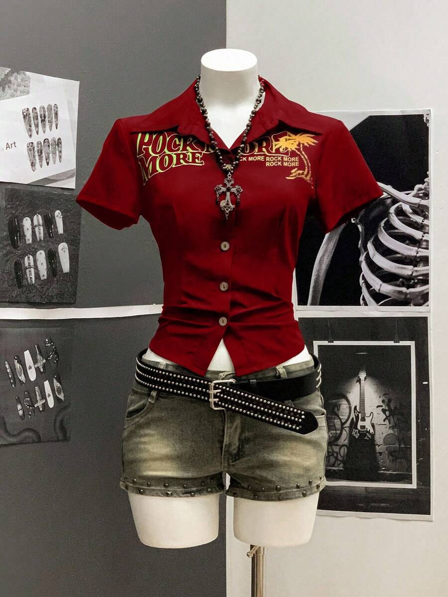 StreetHx Áo sơ mi phong cách Punk in họa tiết gradient nhiều màu - Đỏ - Xem 1