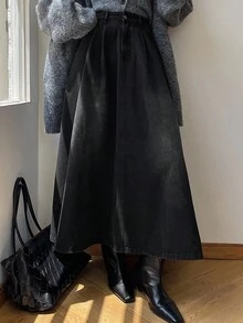 DAZY 女士A字牛仔裙，宽松休闲优雅 - 黑色 - 查看 4