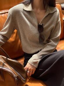 Livesso Women's Loose Business Casual Solid Color Knit Patchwork Long Sleeve T-Shirt, Suitable For Office Wear In Autumn - Khaki - View 3