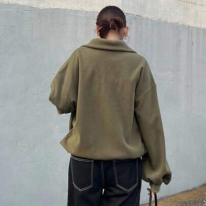 여성용 하프 터틀넥 하프 지퍼 오버사이즈 텍스처 캐주얼 스웨트셔츠