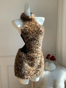 Comfortcana Women's Fashionable Sexy Leopard Print Backless Halter Top Fur Animal Print Clothes Cheetah Print Set Shrug Leopard Set - Multicolor - View 5