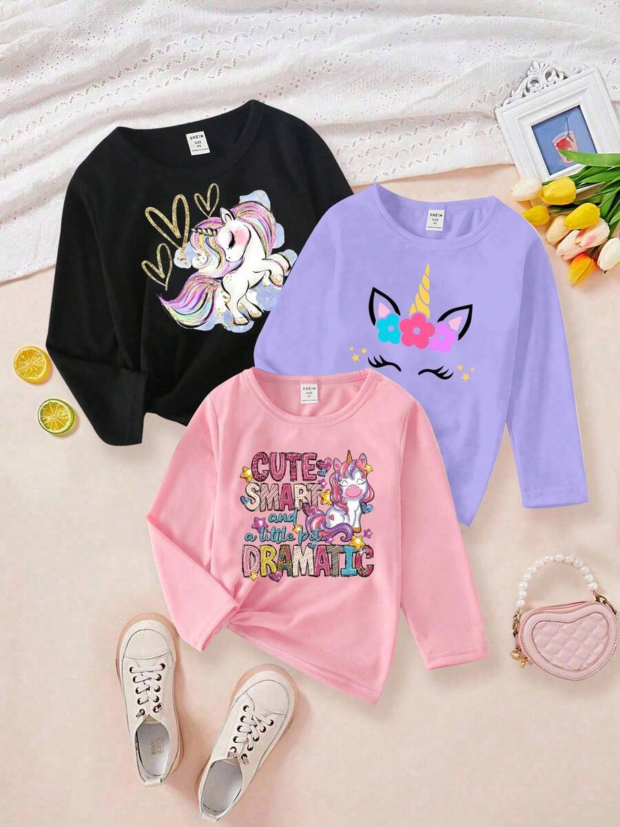 SHEIN Bộ 3 áo thun dài tay cổ tròn in hình kỳ lân dễ thương cho bé gái, kiểu dáng thường ngày, thích hợp mặc nhiều lớp vào mùa thu/đông. Áo sweatshirt hình kỳ lân cho bé gái, quần áo trẻ em hình kỳ lân, áo kiểu dễ thương, áo dài tay cho bé gái. - Nhiều màu - Xem 1