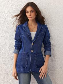 Selenza 女式秋季翻领长袖单排扣休闲牛仔西装外套 - 藍色 - 查看 5