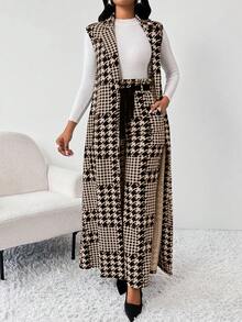 SHEIN Lady Conjunto de traje de mujer de talla grande con chaqueta larga y pantalones de pierna ancha con estampado de pata de gallo - Caqui - Ver 5