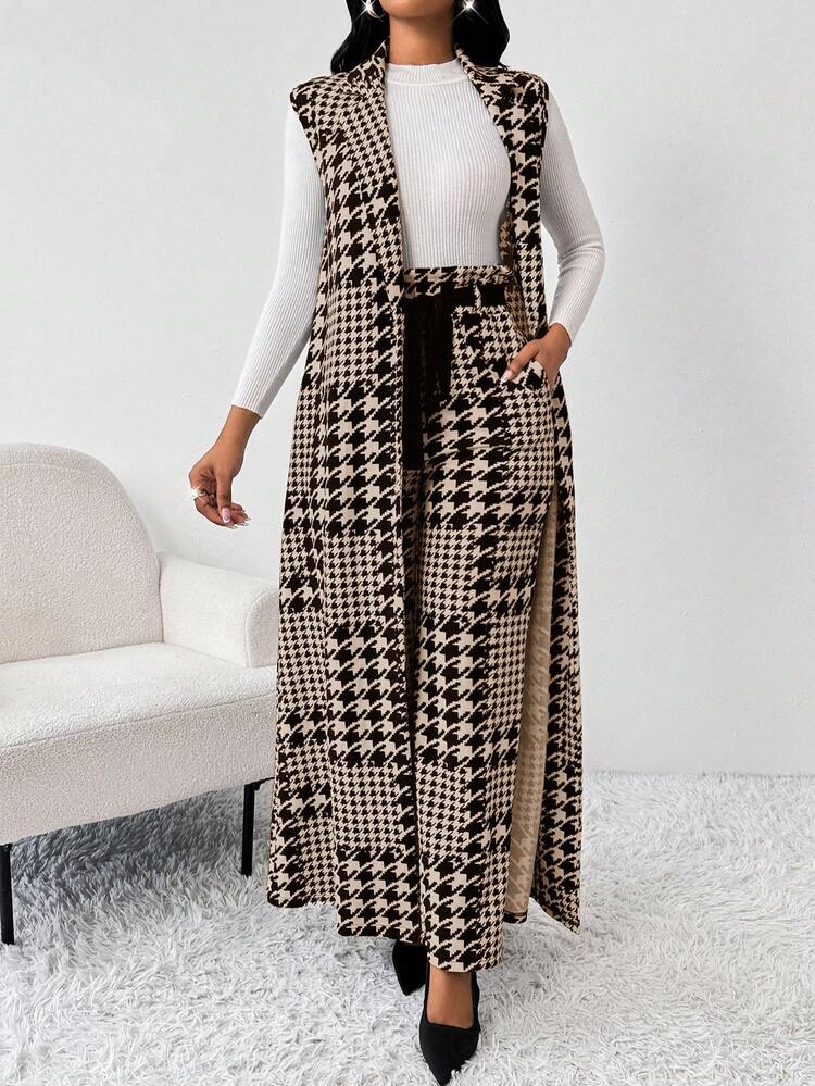 SHEIN Lady 千鸟格图案长款夹克和阔腿裤加大码女士西装套装 - 卡其色 - 查看 5