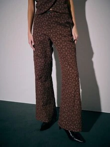 Nöista Two Pieces Coordinated Set Featuring A Short-Sleeve Top And Wide-Leg Pants With A Geometric Pattern And Detailed Chinese Buttons, Offering An Elegant Tailored Look Suitable For Women's Winter Outfits; Perfect For Polished Coordinated Styling, Refined Everyday Wear, Festive Christmas Occasions And Sophisticated New Year Events. - Brown - View 4