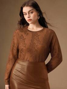Anewsta Sheer Openwork Knit Round Neck Sweater, Elegant, Chic, Stylish, Suitable For Fall, Winter, New Year, Christmas, Going Out - Coffee Brown - View 4