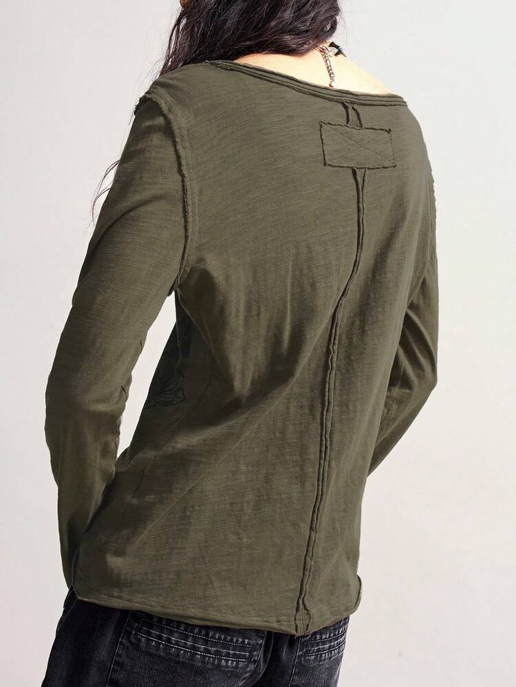 Bohemela 여성 솔리드 컬러 핏 워싱 롱 슬리브 브이넥 니트 티셔츠, 캐주얼 - 아미그린 - 보기 7