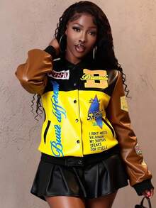 Slaydiva Áo khoác bóng chày phong cách Punk dạo phố hàng ngày, câu lạc bộ đêm, phong cách đầu thu mới 2025, logo họa tiết cổ điển, vai trễ, tay dài, dáng rộng, màu nâu đen và vàng, in họa tiết PU cho nữ - A - Nhiều màu - Xem 2