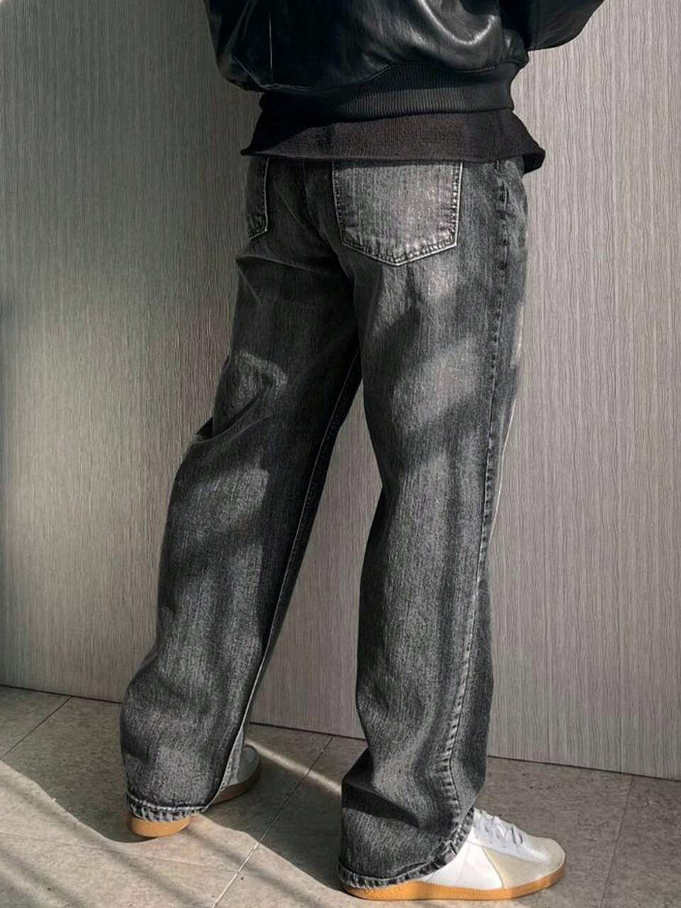 Men's Black & Grey Washed Vintage Denim Jeans, Autumn