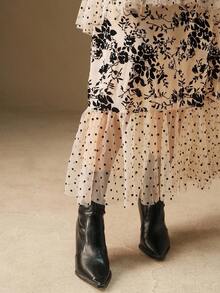 Anewsta 女式修身高领泡泡袖拼布不对称荷叶边下摆长连衣裙 - 彩色 - 查看 6