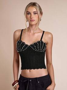 SHEIN BAE Camiseta de punto ajustada y corta con tirantes de perlas para mujer en otoño/invierno - Negro - Ver 3