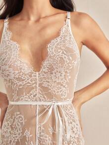 Charlaine 1pc Women's Lace Bodysuit With Tie Waist, Sexy - White - View 6