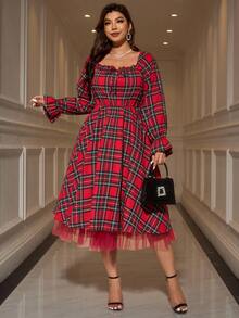 Gownix Váy lưới kẻ caro dự tiệc thời trang cỡ lớn - Đỏ - Xem 12