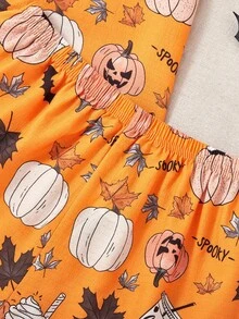 Dream Adore Conjunto de pijama de camisa de manga corta con botones y pantalones cortos con estampado de Halloween para mujer